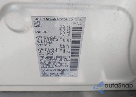 2015 Nissan Rogue Sl z USA, uszkodzony, nr VIN 5N1AT2MV5FC865028